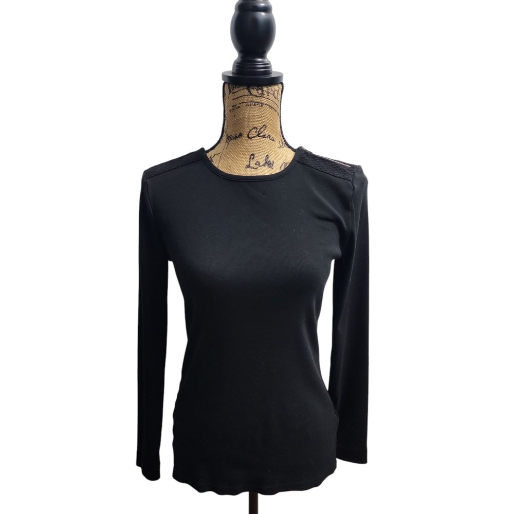 Lauren Ralph Lauren Long Sleeve Top Lace Shoulder Detail Black Size M